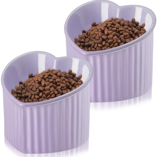 Mumufy Erhöhte Keramik-Näpfe für Katzen, geneigt, erhöht, Anti-Erbrechen, Katzennapf für den Innenbereich, stressfrei, Wassernapf für Welpen, herzförmig, Violett, 2 Stück von Mumufy