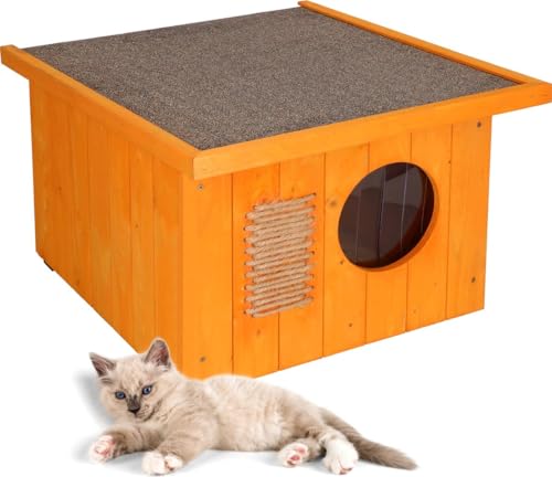 MUNTEL Katzenhaus Outdoor Winterfest, Katzenhaus Isoliert, Clawsable,Holz Outdoor, Katzenhütte 49,5 x 58 x 36 cm (Natur, M) von Muntel