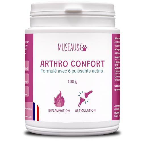 Museau & Co Arthro Confort – Arthrose Hund und Katze – Gelenke für Hunde – Beweglichkeit – Entzündungen – Chondroitin, Glucosamin, Omega 3, MSM, Harpagophytum, Krill – 100 g, hergestellt in Frankreich von Museau & Co