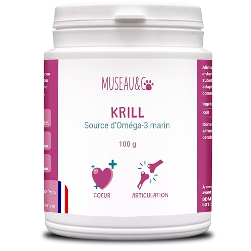 Museau & Co Krill Pulver für Hunde und Katzen – Nahrungsergänzungsmittel 100 % natürlich – reich an Omega 3 und 6 – Astaxantin – Schönheit des Fells, Gelenke und Immunsystem – 100 g von Museau & Co