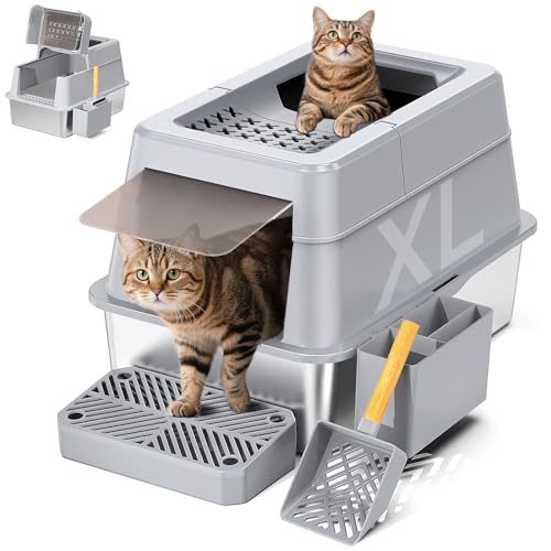 Katzentoilette aus Edelstahl mit Deckel, XL Geschlossene Metall-Kitty-Katzentoilette mit Klappdeckel für große Katzen, extra große abgedeckte hochseitige Katzenbox, Schaufel, antihaftbeschichtet von Mutrelenx