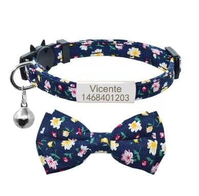 Bedrucktes Katzenhalsband Mit Fliege,Personalisiertes Namensschild,Katzenhalsband,Individuelle Gravur,ID-Namensschild,Niedliche Schleife,Katzenhalsband-Halskette,Silber-Marineblau,S(20cm-28cm) von Muziner