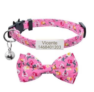 Bedrucktes Katzenhalsband Mit Fliege,Personalisiertes Namensschild,Katzenhalsband,Individuelle Gravur,ID-Namensschild,Niedliche Schleife,Katzenhalsband-Halskette,Silber-Rosa,S(20cm-28cm) von Muziner