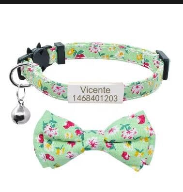 Bedrucktes Katzenhalsband Mit Fliege,Personalisiertes Namensschild,Katzenhalsband,Individuelle Gravur,ID-Namensschild,Niedliche Schleife,Katzenhalsband-Halskette,Silbergrün,S(20cm-28cm) von Muziner