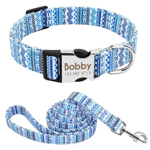 Benutzerdefiniertes Set Aus Nylon-Hundehalsband Und Leine. Personalisiertes,Bedrucktes Hundehalsband Mit Gravierter Haustier-Welpen-ID-Halsband Für Mittelgroße Und Große Hunde,Blue,S von Muziner