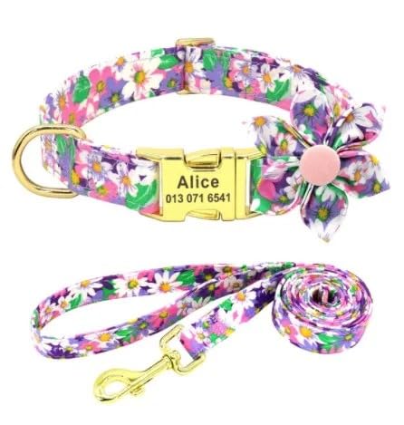 Hundehalsband Mit Blumendruck,Nylon,Blumenmuster,Individuelle Hundehalsbänder,Welpenhalsband,Personalisierter Name Für Kleine,Mittelgroße Und Große Hunde,lila Set,S von Muziner