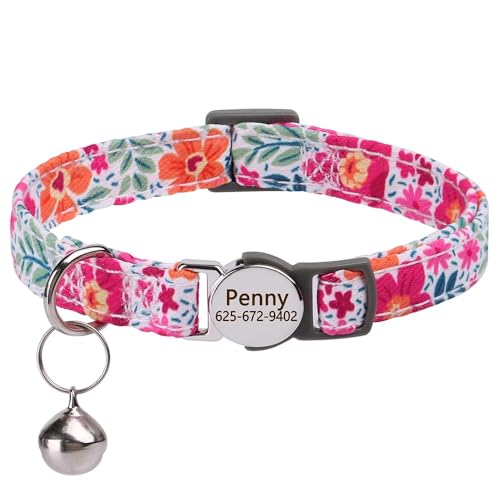 Personalisiertes Bedrucktes Katzenhalsband,Verstellbare Kätzchen-Welpenhalsbänder Mit Eingraviertem ID-Namensschild,Glocke,Anti-Verlust-Katzenhalsbänder,Rose,S (20–30cm) von Muziner