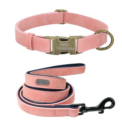 Personalisiertes Hundehalsband-Leine-Set,Individuelles Hundehalsband Mit Metallschnalle,Leder Gepolstert,Für Kleine Mittelgroße Hunde,Pitbull,Rosa,L von Muziner