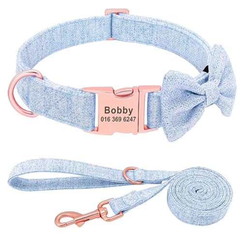 Personalisiertes Hundehalsband-Leinen-Set Weich Mit Schleife,Individuell Gravierter Name,Nylon-Hundehalsband-Leinendruck Für Kleine,Mittelgroße Und Große Hunde,Blau,M von Muziner