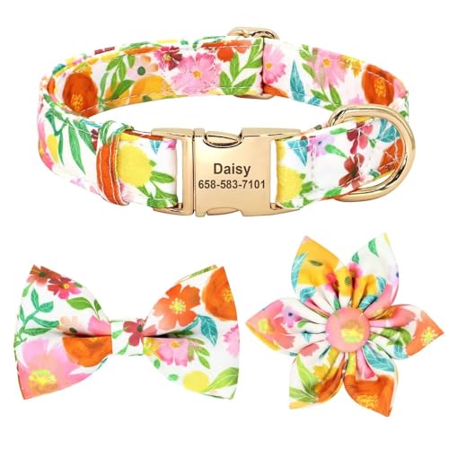 Personalisiertes Hundehalsband Mit Blumen-Schleife,Haustierhalsbänder,Weiche Fliege,Chihuahua-Halskette,Individueller ID-Name Für Kleine,Mittelgroße Und Große Hunde,Rot,L von Muziner