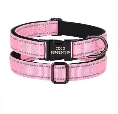 Personalisiertes Nylon-Hundehalsband,Reflektierend,Individuelle Halsbänder Für Kleine,Mittelgroße Und Große Hunde,Labrador,Mit Eingraviertem Namensschild,Rosa,L von Muziner
