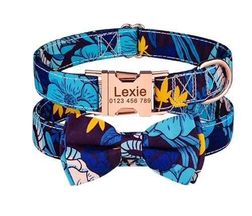 Verstellbares,Personalisiertes Hundehalsband Aus Nylon,Hundezubehör,Individuelles ID-Tag,Blume,Kätzchen,Welpe,Klein,Groß,Unisex,Hundehalsband,Haustierhalsband,Blau,S(27cm-43cm) von Muziner