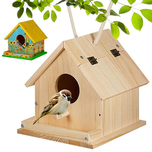 Bird House 6x6x6 Vogelhütte mit Feeder, Barsch, Eingangsloch und offenbarer Deckel DIY Friendly unbemalte hängende hölzerne Kolibri -Haus mit Loop & Haken auf dem Rücken von Muzrunq