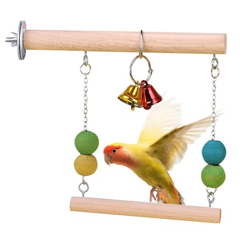 Vogelschaukel Spielzeug – Holz Natur Sitzstange mit Glocke | Vogelspiel Gym Trainingsständer Halter Übungsständer für Sittiche von Mwkbbn