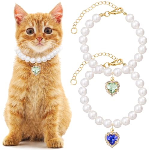 Mxxipp 2 x Katzen- und Hunde-Perlenhalsband, kleine Herzform, Strass, Haustier-Halskette, verstellbar, Hochzeit, Party, Haustier-Schmuckzubehör für Welpen, kleine Katzen, Blau und Grün von Mxxipp