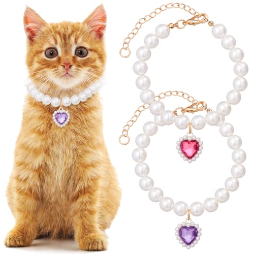 Mxxipp 2 x Katzen- und Hunde-Perlenhalsband, kleine Herzform, Strass, Haustier-Halskette, verstellbar, Hochzeit, Party, Haustier-Schmuckzubehör für Welpen, kleine Katzen, Violett und Rot von Mxxipp
