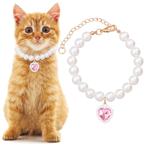 Mxxipp Katzenperlen-Halsband mit Herz-Anhänger, niedliche Perlen-Halskette in Größe M, verstellbar, für Hochzeit, Party, kleiner Hund, Schmuckzubehör für Welpen, Kätzchen, Rosa von Mxxipp