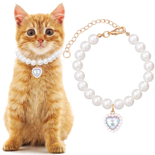 Mxxipp Katzenperlen-Halsband mit Herz-Anhänger, niedliche Perlen-Halskette in Größe M, verstellbar, für Hochzeit, Party, kleiner Hund, Schmuckzubehör für Welpen, Kätzchen, Weiß von Mxxipp