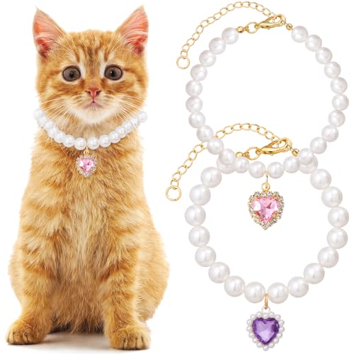 Mxxipp Katzenperlen-Halsband mit Herz-Anhänger, niedliche Perlen-Halskette in klein, verstellbar, für Hochzeit, Party, kleiner Hund, Schmuckzubehör für Welpen, Kätzchen, Rosa und Lila, 2 Stück von Mxxipp