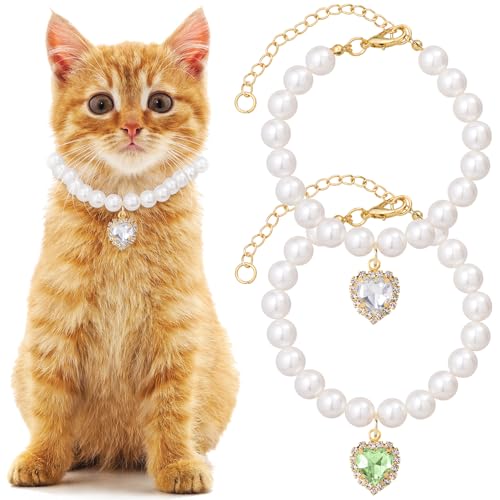 Mxxipp Katzenperlen-Halsband mit Herz-Anhänger, niedliche Perlen-Halskette in klein, verstellbar, für Hochzeit, Party, kleiner Hund, Schmuckzubehör für Welpen, Kätzchen, Weiß und Grün, 2 Stück von Mxxipp