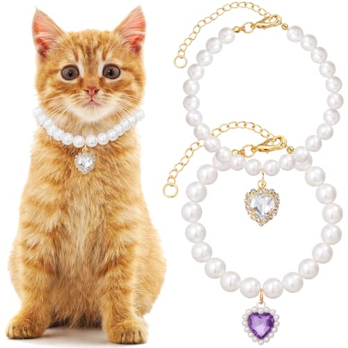 Mxxipp Katzenperlen-Halsband mit Herz-Anhänger, niedliche Perlen-Halskette in klein, verstellbar, für Hochzeit, Party, kleiner Hund, Schmuckzubehör für Welpen, Kätzchen, Weiß und Lila, 2 Stück von Mxxipp