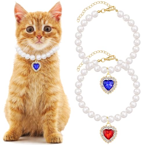 Mxxipp Perlenhalsband für Katzen, Welpen, kleine süße Herzform, Strass, Haustier-Halskette, verstellbar, Hochzeit, Party, Haustier-Schmuck, Zubehör für Welpen, Kätzchen, Blau und Rot, 2 Stück von Mxxipp