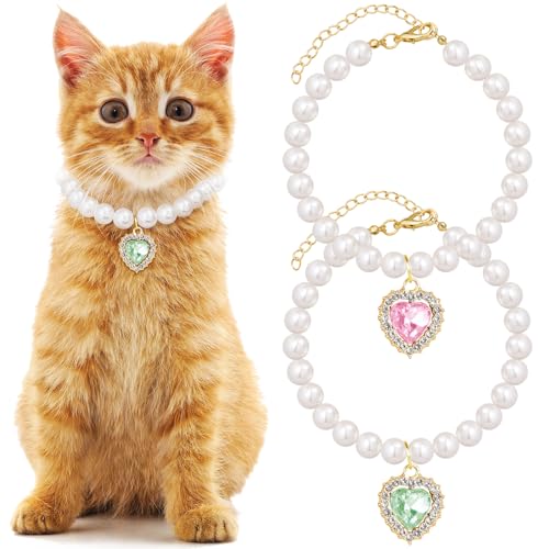 Mxxipp Perlenhalsband für Katzen, Welpen, kleine süße Herzform, Strass, Haustier-Halskette, verstellbar, Hochzeit, Party, Haustier-Schmuck, Zubehör für Welpen, Kätzchen, Grün und Rosa, 2 Stück von Mxxipp