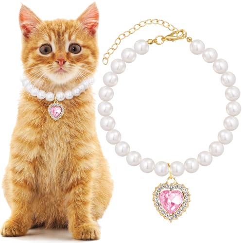 Mxxipp Perlenhalsband für Katzen, Welpen, kleine süße Herzform, Strass, Haustier-Halskette, verstellbar, Hochzeit, Party, Haustier-Schmuck, Zubehör für Welpen, Kätzchen, Rosa von Mxxipp