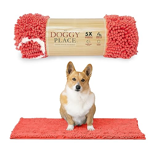 My Doggy Place - Ultra saugfähige Mikrofaser-Hunde-Fußmatte, strapazierfähig, schnell trocknend, waschbar, hält Ihr Haus sauber (helle Koralle mit Pfotenabdruck), Größe M: 78.7 x 50.8 cm. von My Doggy Place