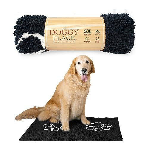 My Doggy Place - Ultra saugfähige Mikrofaser-Hunde-Fußmatte, strapazierfähig, schnell trocknend, waschbar, halten Sie Ihr Haus sauber (schwarz mit Pfotenabdruck, groß) – 91.4 x 66 cm von My Doggy Place