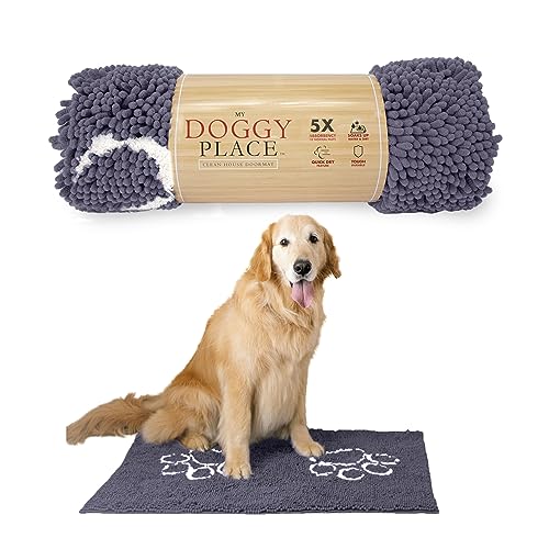 My Doggy Place - Ultra saugfähige Mikrofaser-Hunde-Fußmatte, strapazierfähig, schnell trocknend, waschbar, halten Sie Ihr Haus sauber (violett mit Pfotenabdruck, groß) – 91.4 x 66 cm von My Doggy Place