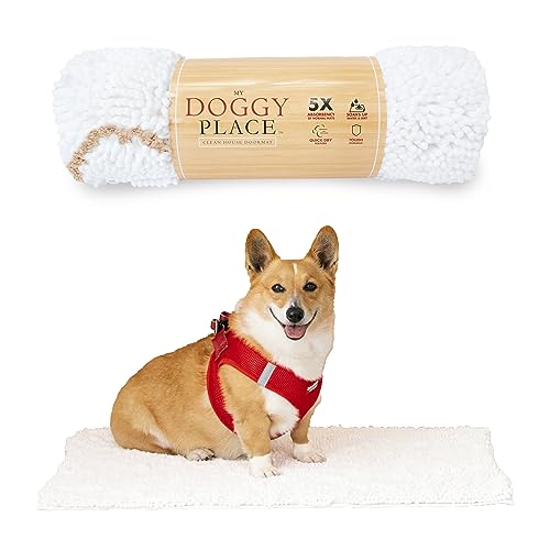 My Doggy Place - Ultra saugfähige Mikrofaser-Hunde-Fußmatte, strapazierfähig, schnell trocknend, waschbar, halten Sie Ihr Haus sauber (weiß mit Pfotenabdruck, mittel) – 78.7 x 50.8 cm von My Doggy Place