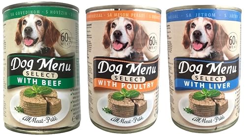 Dog Menü Select Premium Hundefutter 60% Fleisch Pastete 3 Sorten 60 x 400g *ohne Konservierungsstoffe, reich an Nährstoffen* von MY HAPPY PETS