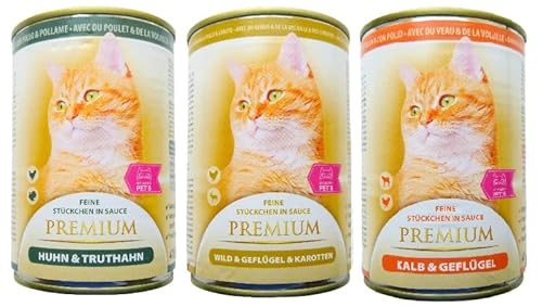 My Happy Pet´s Premium Katzenfutter 3 Sorten feine Stückchen in Sauce (Huhn & Truthahn, Wild & Geflügel, Rind & Leber, 60 x 415g) von MY HAPPY PETS