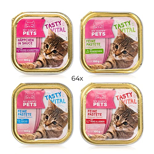 MY HAPPY PETS 64x Katzenfutter in 4 verschiedenen Sorten - Alleinfutter-Mittel für ausgewachsene Katzen - Nass-Futter - Feine Pastete - 64x100g von MY HAPPY PETS
