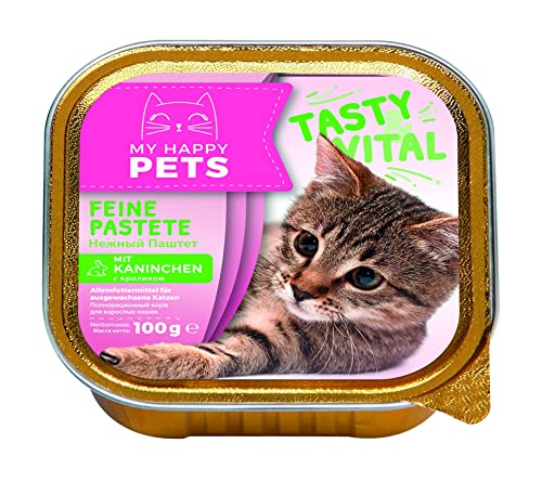 My Happy Pets 64x Katzenfutter - Feine Pastete mit Kaninchen - Alleinfutter-Mittel für ausgewachsene Katzen - Nass-Futter - Fleisch-Pastete - 64x100g von My Happy Pets