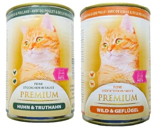 MY HAPPY PETS Premium Katzenfutter 2 Sorten feine Stückchen in Sauce (Huhn & Truthahn, Wild & Geflügel 40 x 415g) von MY HAPPY PETS