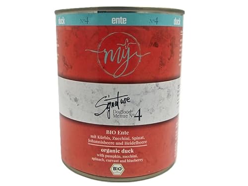 My Nassfutter Bio-Ente mit Bio Kürbis, Bio Zucchini, Bio Spinat und Bio Johannisbeeren 820g Dose Hundefutter ohne Konservierungsstoffe, künstliche Aromastoffe und Farbstoffe & Lockstoffe von My dogfood manufacture