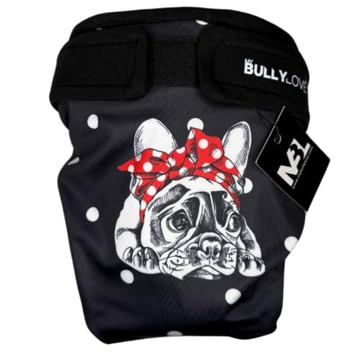 MyBullyLove Läufigkeitshöschen für Französische Bulldoggen – Wiederverwendbare Hundewindel ohne Rutenloch, Handgefertigt & Stufenlos Verstellbar, Black Bully, Standard (42-47cm Hüftumfang) von MyBullyLove