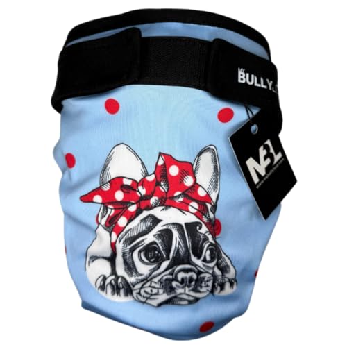 MyBullyLove Läufigkeitshöschen für Französische Bulldoggen – Wiederverwendbare Hundewindel ohne Rutenloch, Handgefertigt & Stufenlos Verstellbar, Blue Bully, Groß (49-53cm Hüftumfang) von MyBullyLove