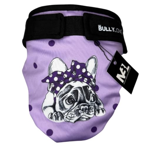 MyBullyLove Läufigkeitshöschen für Französische Bulldoggen – Wiederverwendbare Hundewindel ohne Rutenloch, Handgefertigt & Stufenlos Verstellbar, Purple Bully, Groß (49-53cm Hüftumfang) von MyBullyLove