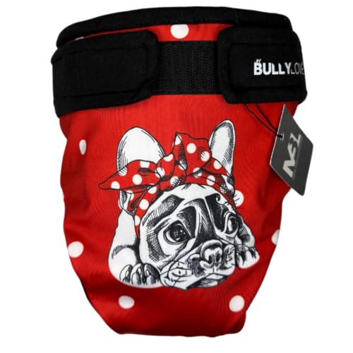 MyBullyLove Läufigkeitshöschen für Französische Bulldoggen – Wiederverwendbare Hundewindel ohne Rutenloch, Handgefertigt & Stufenlos Verstellbar, Red Bully, Standard (42-47cm Hüftumfang) von MyBullyLove