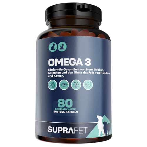 Suprapet Omega 3 für Hunde und Katzen Fischöl, EPA, DHA und Vitamin E 80 Kapseln. Natürliches Ergänzungsfuttermittel für Fell und Gelenke von MyLab nutrition srls