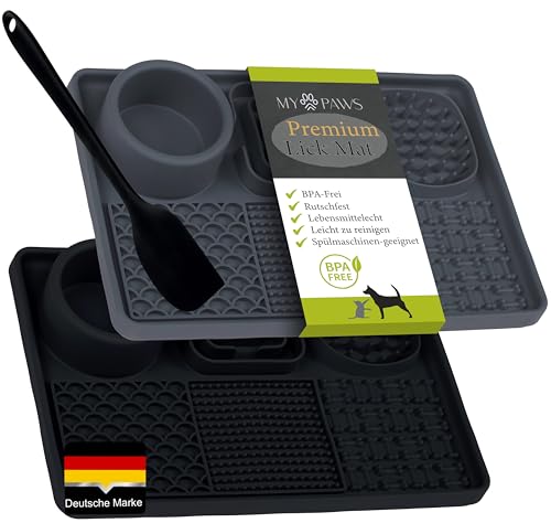 MyPaws® Premium Schleckmatte für Katzen & Hunde Schleckmatte - Intelligenzspielzeug für Katzen Fummelbrett für Katzen Katzenspielzeug Selbstbeschäftigung Activity Board Cat Toys, Grau Schwarz von MyPaws