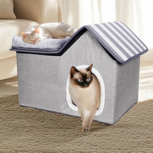Myiosus Faltbares Katzenhaus, 2-in-1-Katzenhöhlenbetten für Hauskatzen mit abnehmbarem Dach und weichen Kissen, Katzenversteck warm, bequem für mehrere kleine, mittelgroße Haustiere, Grau, 51 x 39 x von Myiosus