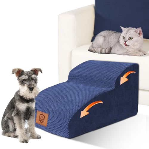 Myiosus Hundetreppe, 2-stufige erweiterte Haustiertreppe mit waschbarem Bezug, hochdichter Schaumstoff-Hunderampe, rutschfeste Welpentreppe für verletzte Hunde, kleine und ältere Haustiere, Blau, 55 x von Myiosus