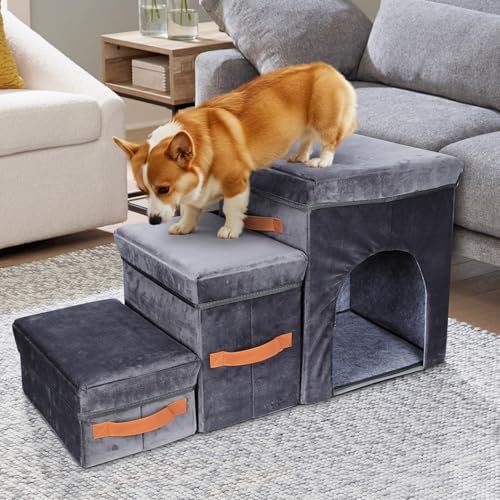 Myiosus Hundetreppe, Hundetreppe für Kleine Hunde, rutschfeste Haustiertreppe, Faltbare Hundetreppe 3 Stufen mit Stauraum & Wohnung, Hunderampe für klein/ältere/große Hunde, Weicher Katzentreppe von Myiosus