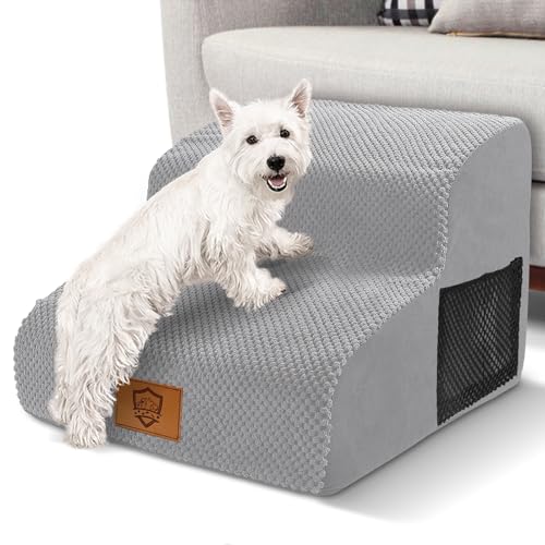 Myiosus Hundetreppe 2 Stufen, Tragbar Haustiertreppe aus Hochdichtem Schwamm für Kleine Hunde, wasserdichte Hunderampe mit Abnehmbare Stoffbezug, rutschfeste Hunde Treppe für Sofa Bett, Grau von Myiosus