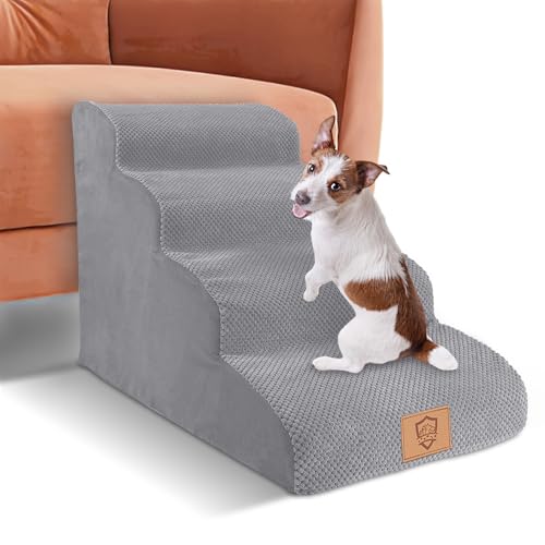 Myiosus Hundetreppe 4 Stufen, wasserdichte Haustiertreppe für Große Hunde und Katzen, rutschfest Hunderampe aus Schaumstoff, Waschbar Hunde Treppen mit Abnehmbarer Bezug für Sofa Hohe Bett, Grau von Myiosus