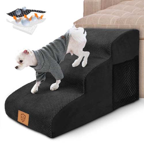 Myiosus Hundetreppe für Sofa, 3 Stufen Hundetreppe mit wasserdichtem & waschbarem Bezug, rutschfeste Schaumstoff-Haustiertreppe Rampen für Kleine und Große Hunde Katzen, 60 x 40 x 40 cm, Schwarz von Myiosus
